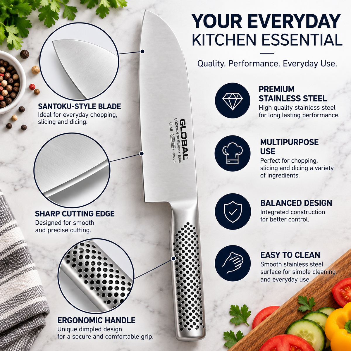 Japanese Style Santoku Chef Knife – Stainless Steel Kitchen Knife for Chopping, Slicing & Dicing