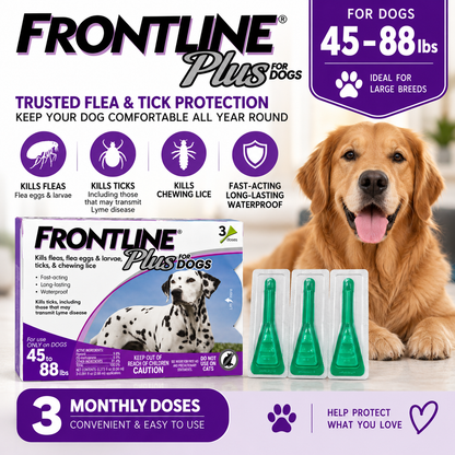 FRONTLINE Plus for Dogs 45–88 lbs | Flea & Tick Treatment – 3 Doses