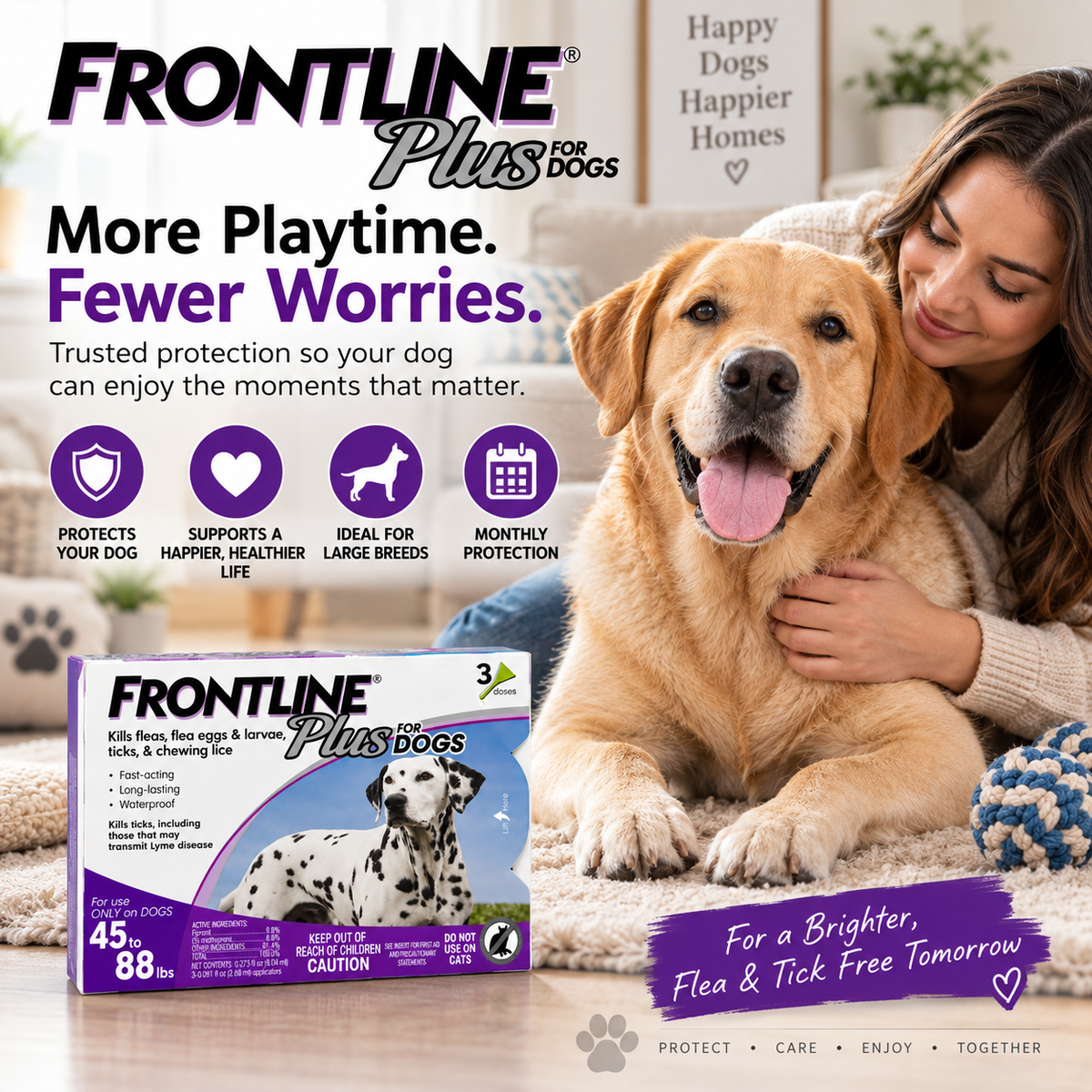 FRONTLINE Plus for Dogs 45–88 lbs | Flea & Tick Treatment – 3 Doses