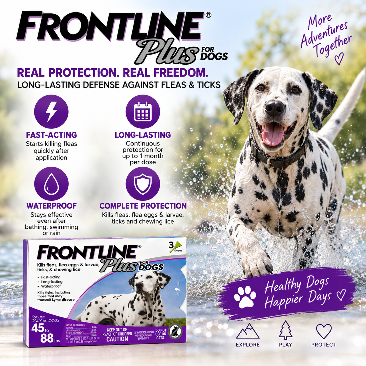 FRONTLINE Plus for Dogs 45–88 lbs | Flea & Tick Treatment – 3 Doses