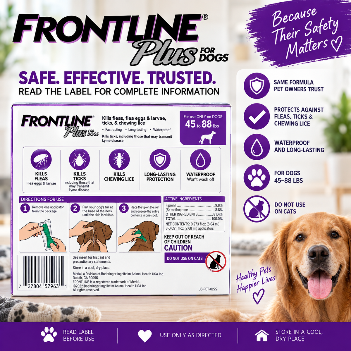 FRONTLINE Plus for Dogs 45–88 lbs | Flea & Tick Treatment – 3 Doses