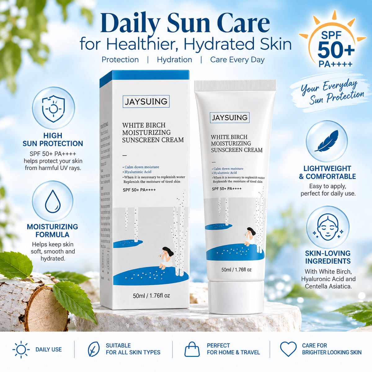 JAYSUING White Birch Moisturizing Sunscreen Cream SPF 50+ PA++++, Hydrating Face Sunscreen with Hyaluronic Acid, 50ml