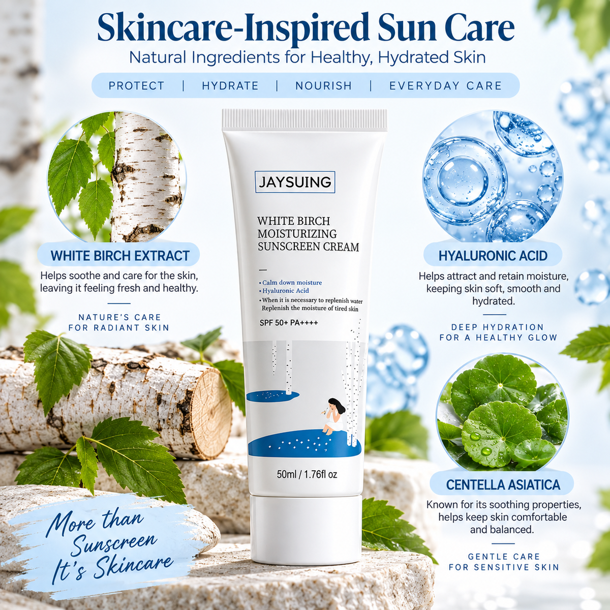 JAYSUING White Birch Moisturizing Sunscreen Cream SPF 50+ PA++++, Hydrating Face Sunscreen with Hyaluronic Acid, 50ml