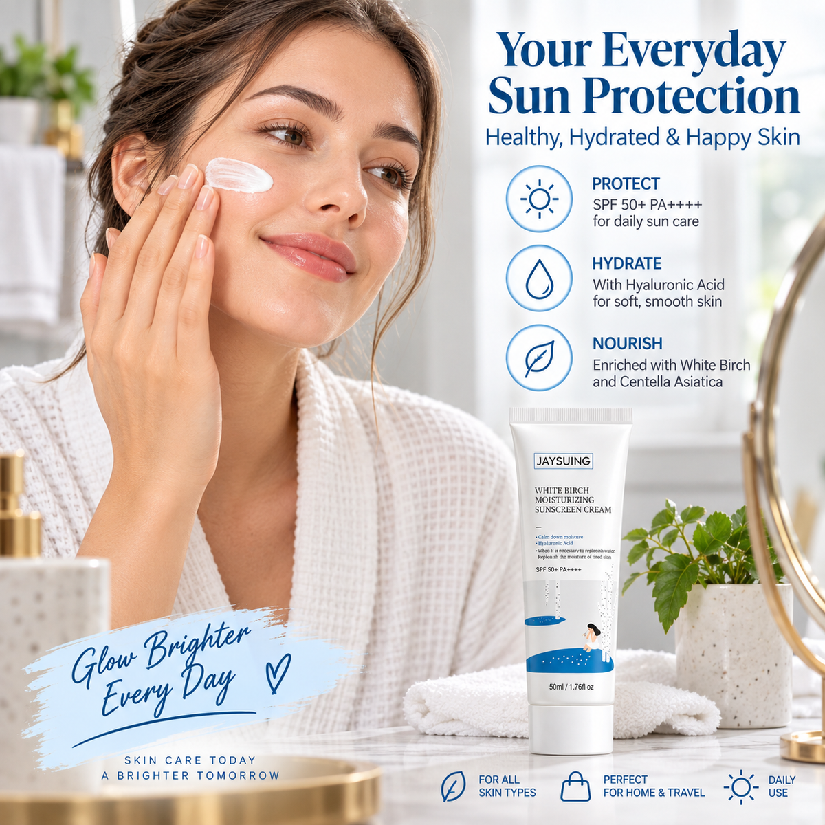 JAYSUING White Birch Moisturizing Sunscreen Cream SPF 50+ PA++++, Hydrating Face Sunscreen with Hyaluronic Acid, 50ml