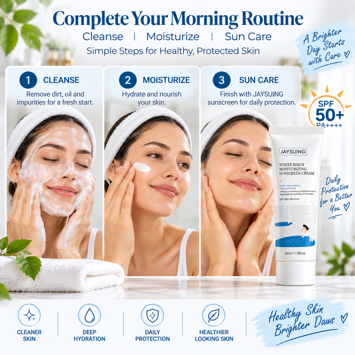JAYSUING White Birch Moisturizing Sunscreen Cream SPF 50+ PA++++, Hydrating Face Sunscreen with Hyaluronic Acid, 50ml