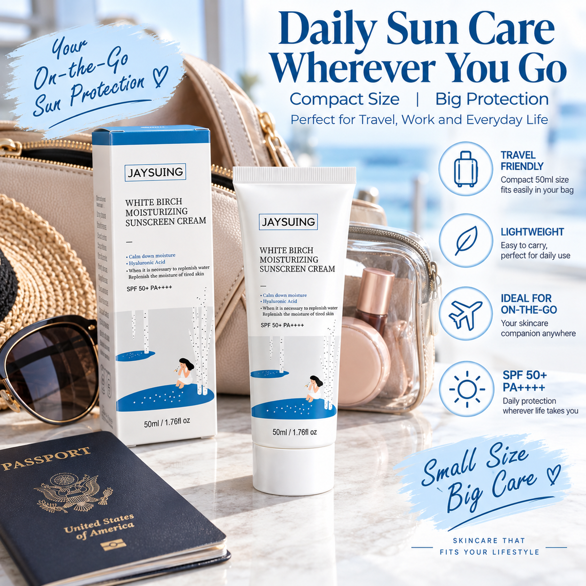 JAYSUING White Birch Moisturizing Sunscreen Cream SPF 50+ PA++++, Hydrating Face Sunscreen with Hyaluronic Acid, 50ml