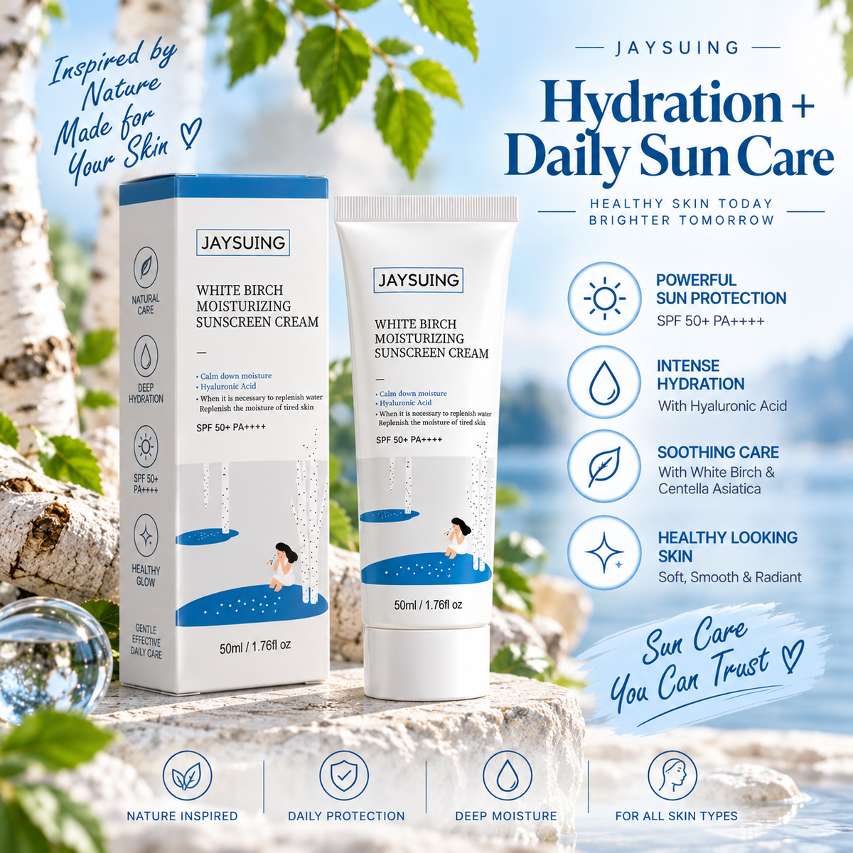 JAYSUING White Birch Moisturizing Sunscreen Cream SPF 50+ PA++++, Hydrating Face Sunscreen with Hyaluronic Acid, 50ml