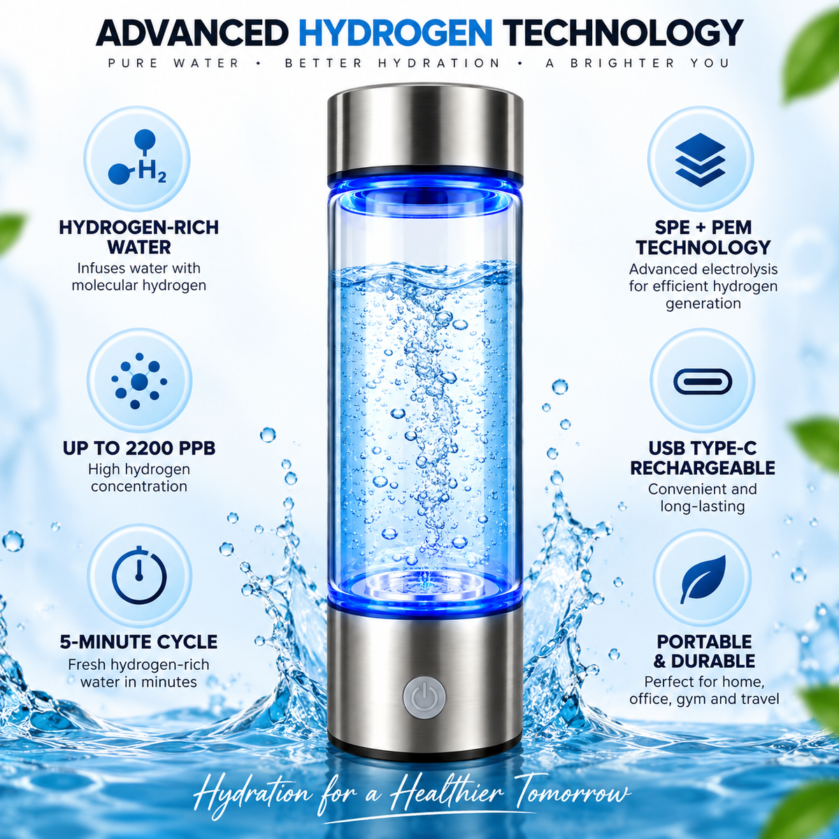 Hydrogen Water Bottle Generator 2200 PPB SPE PEM, Rechargeable 16oz Portable Hydrogen-Rich Water Bottle