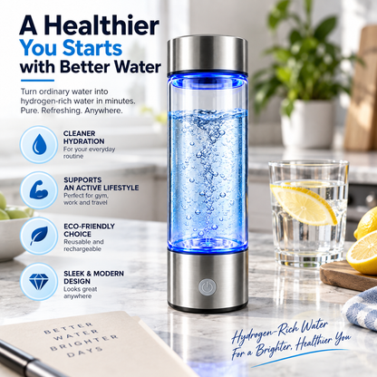 Hydrogen Water Bottle Generator 2200 PPB SPE PEM, Rechargeable 16oz Portable Hydrogen-Rich Water Bottle