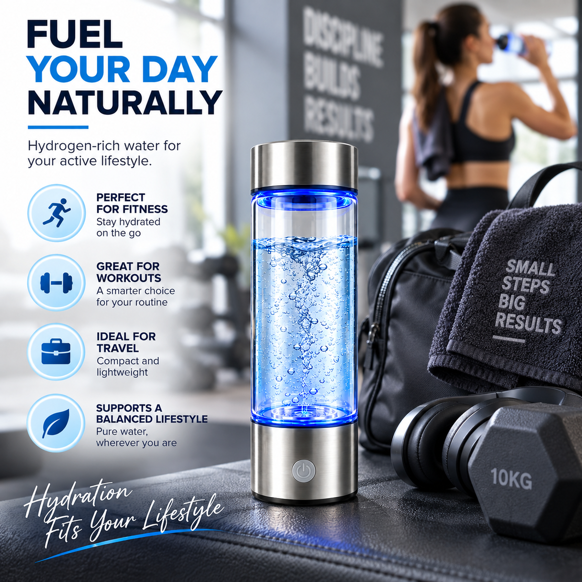 Hydrogen Water Bottle Generator 2200 PPB SPE PEM, Rechargeable 16oz Portable Hydrogen-Rich Water Bottle