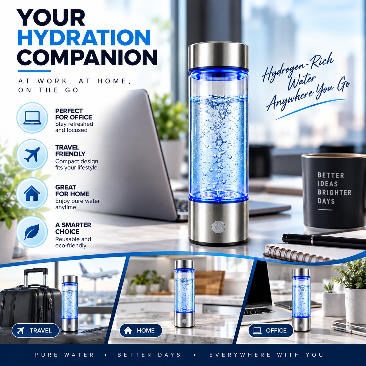 Hydrogen Water Bottle Generator 2200 PPB SPE PEM, Rechargeable 16oz Portable Hydrogen-Rich Water Bottle