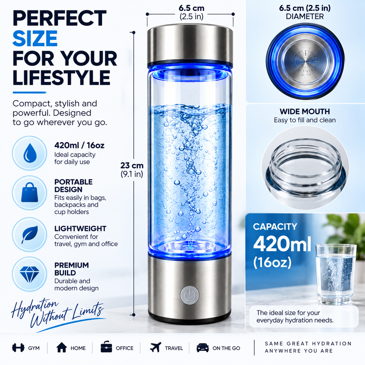 Hydrogen Water Bottle Generator 2200 PPB SPE PEM, Rechargeable 16oz Portable Hydrogen-Rich Water Bottle
