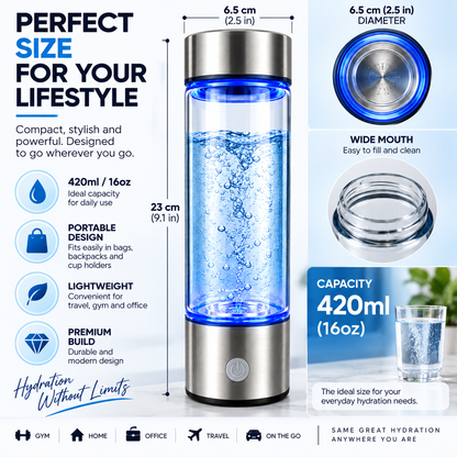 Hydrogen Water Bottle Generator 2200 PPB SPE PEM, Rechargeable 16oz Portable Hydrogen-Rich Water Bottle
