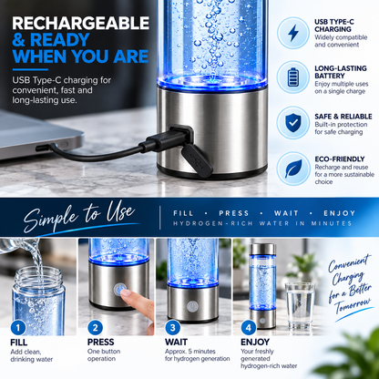 Hydrogen Water Bottle Generator 2200 PPB SPE PEM, Rechargeable 16oz Portable Hydrogen-Rich Water Bottle